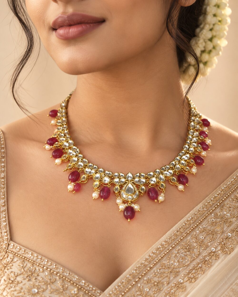 Kundan necklace with ruby drops, studio photograph